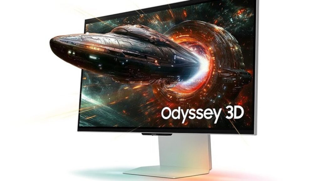 Odyssey 3D da Samsung exibido em ambiente gamer com tela curva e visual imersivo com tecnologia 3D