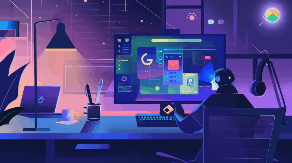 Pessoa interagindo com o Google Gemini 2 em um ambiente digital moderno, destacando integração com serviços como Gmail e Android