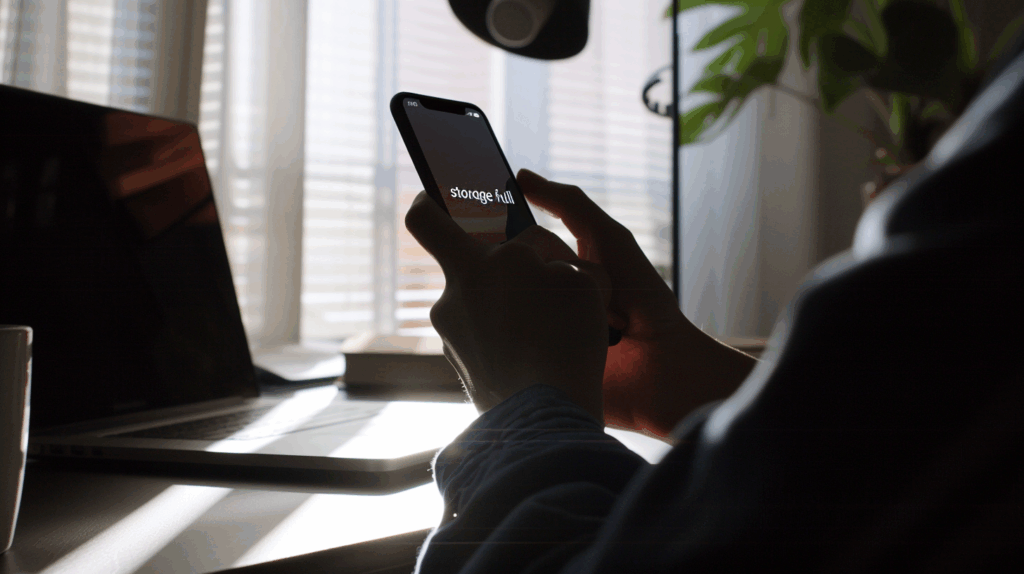 Pessoa liberando espaço no celular com notificações de armazenamento cheio, usando apps de limpeza, ambiente realista
