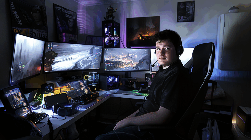 Gamer assistindo aos trailers dos jogos mais aguardados de 2025 em um setup moderno com iluminação e atmosfera imersiva