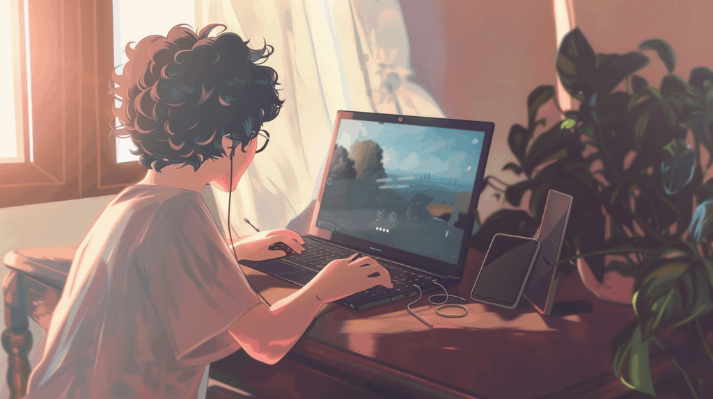 Pessoa jogando no notebook com vários jogos gratuitos recém-lançados em 2025, ambiente realista e informal