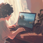 Pessoa jogando no notebook com vários jogos gratuitos recém-lançados em 2025, ambiente realista e informal