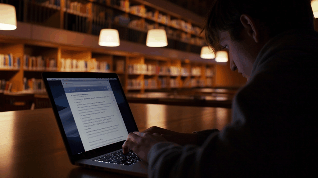 Universitário brasileiro acessando a IA Gemini do Google em um notebook com ambiente educacional ao fundo