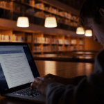 Universitário brasileiro acessando a IA Gemini do Google em um notebook com ambiente educacional ao fundo