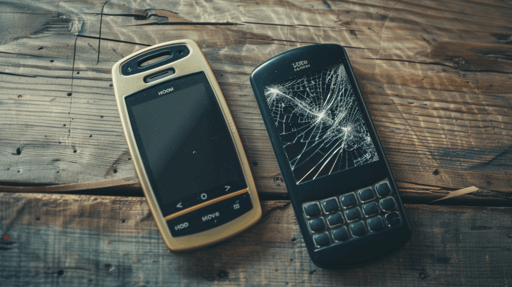 Comparação entre celular antigo durável e smartphone moderno danificado, ilustrando as diferenças de resistência entre gerações de aparelhos